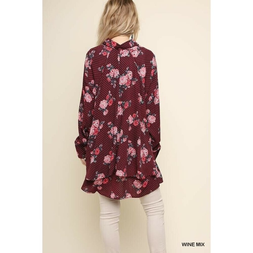 Umgee Womens Wine Floral High Low Hem Button Up Long Sleeve Tunic Blouse Size S - Picture 3 of 8